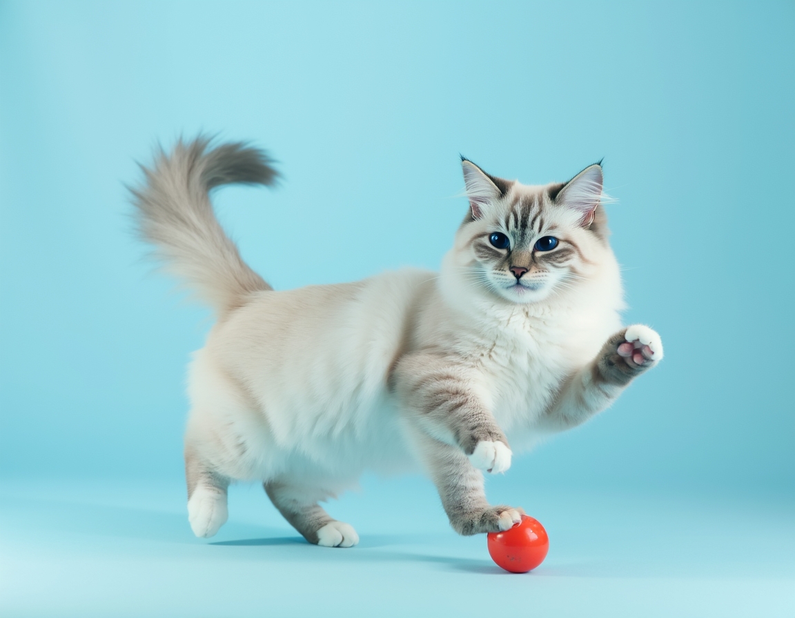 Playful studio photo of cat interacting with a bright red ball. The cat is mid-action with its paw raised, and the pastel blue background and balanced lighting create a cheerful, vibrant atmosphere that highlights the cat’s agility and energy.